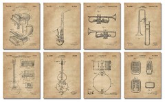 Set of 8 Jazz Instruments Patent Wall Art Prints (8×10) Gifts for Musicians