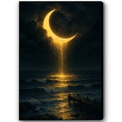 Moon Over Ocean Canvas Wall Art, Tranquil Night Sky Crescent Moon Decor