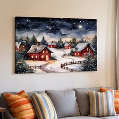 Cozy Winter Village Canvas Wall Art Snowy Red Houses Moonlight Forest Print