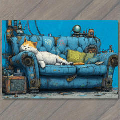 Art Print Steampunk Cat Sleeping Mechanical Sofa Industrial Fantasy SciFi
