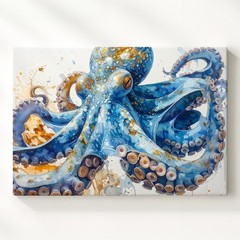 Blue & Orange Octopus Watercolor Canvasstylized Marine Art Wall Art