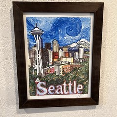 Seattle Space Needle Framed Art Print Mount Rainier Skyline Wall Decor 13×10
