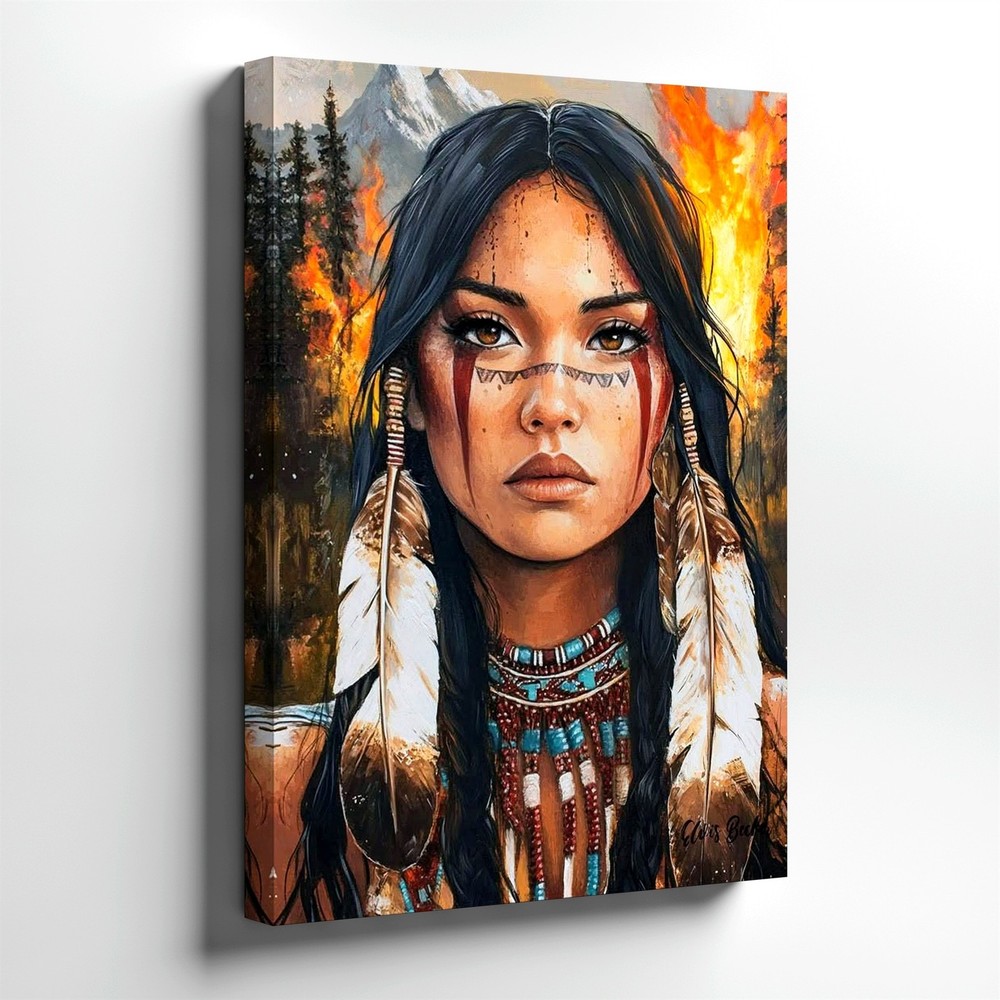 Wall Art Native American Woman Portrait Canvas Print Tribal Fire Home Decor