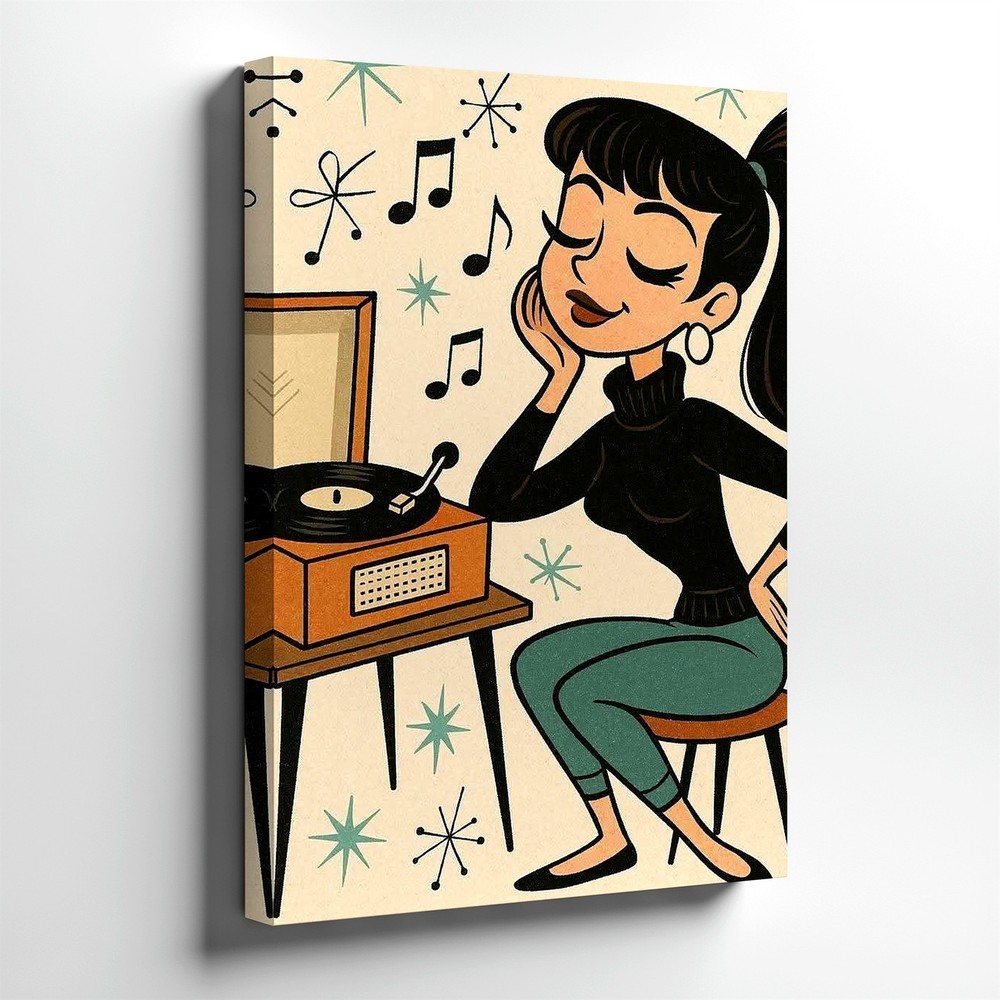 Wall Art Retro Woman Listening to Vinyl Record Player Mid Century Music Print
