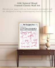 Natural OAK Wood Trendy Retro Newspaper Framed Wall Art, 12×16 in Pink Bow Ba…