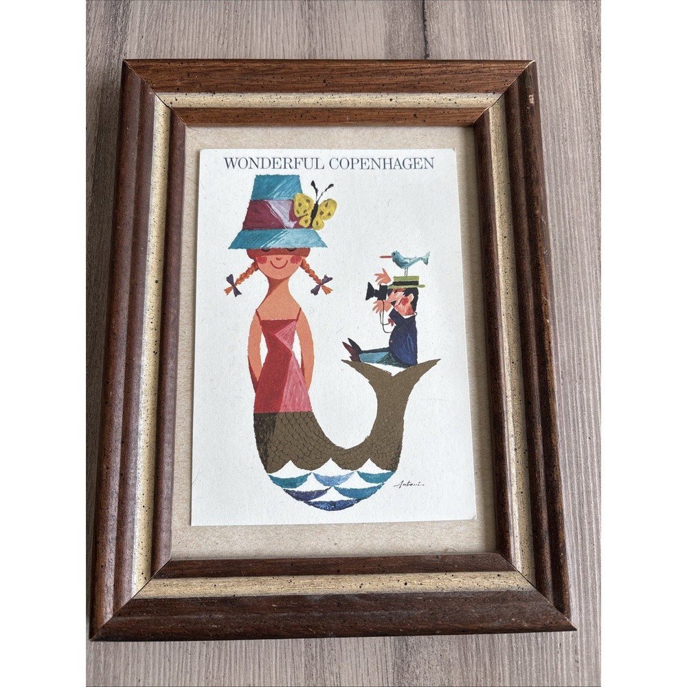Vintage Denmark Travel Poster Mermaid Framed Size 8.5″ x 6.75″