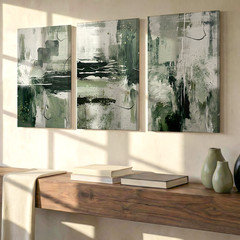 3 Pieces Abstract Green White Large Wall Art Set for Living Room Set Of 3