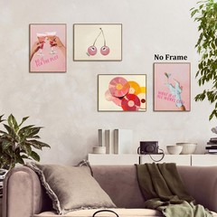 Trendy Retro Pink Bar Wall Art Prints Set of 4, Preppy Vintage Vinyl Record L…