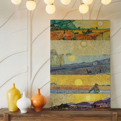 Set Of 5 Vintage Canvas Wall Art Farm Landscape Scenes With Sun And Figures