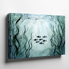 Underwater Canvas Wall Art with School of Fish and Seaweed Ocean Nature Painting
