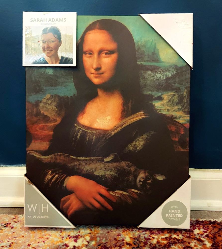 NWT Sarah Adams Mona Lisa Holding Cat Canvas Painting Print 11″x14″