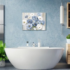 Framed Blue White Floral Wall Art, Watercolor Flower Canvas Picture for Bathroom