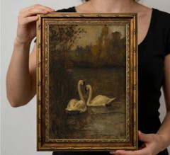 Vintage Gold Framed Swans Wall Art Antique Romantic Swan Lake Cottagecore Pai…