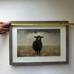 Black Sheep/Lamb In Field Framed Artwork Canvas Neutral Colors 10×14 Cottagecore