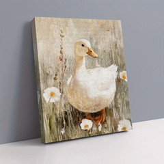 Vintage Duck in Wildflowers Canvas Print Wall Art, Rustic Home Decor