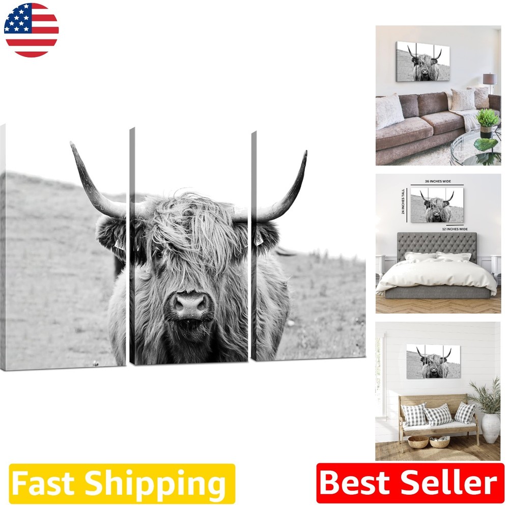 High-Resolution Highland Cow Canvas Art 3 Piece 24×36″ Western Living Room