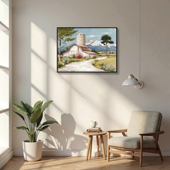 Framed Rustic Farmhouse Canvas Wall Art Beautiful Field Painting Wildflower Barn