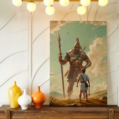 Wall Art Giant Warrior and Boy Fantasy Canvas Print Mythic Landscape Poster
