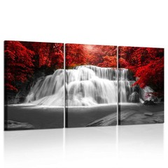 KREATIVE ARTS Black White and Red Canvas Wall Art 3 Pieces Red Woods Waterfal…