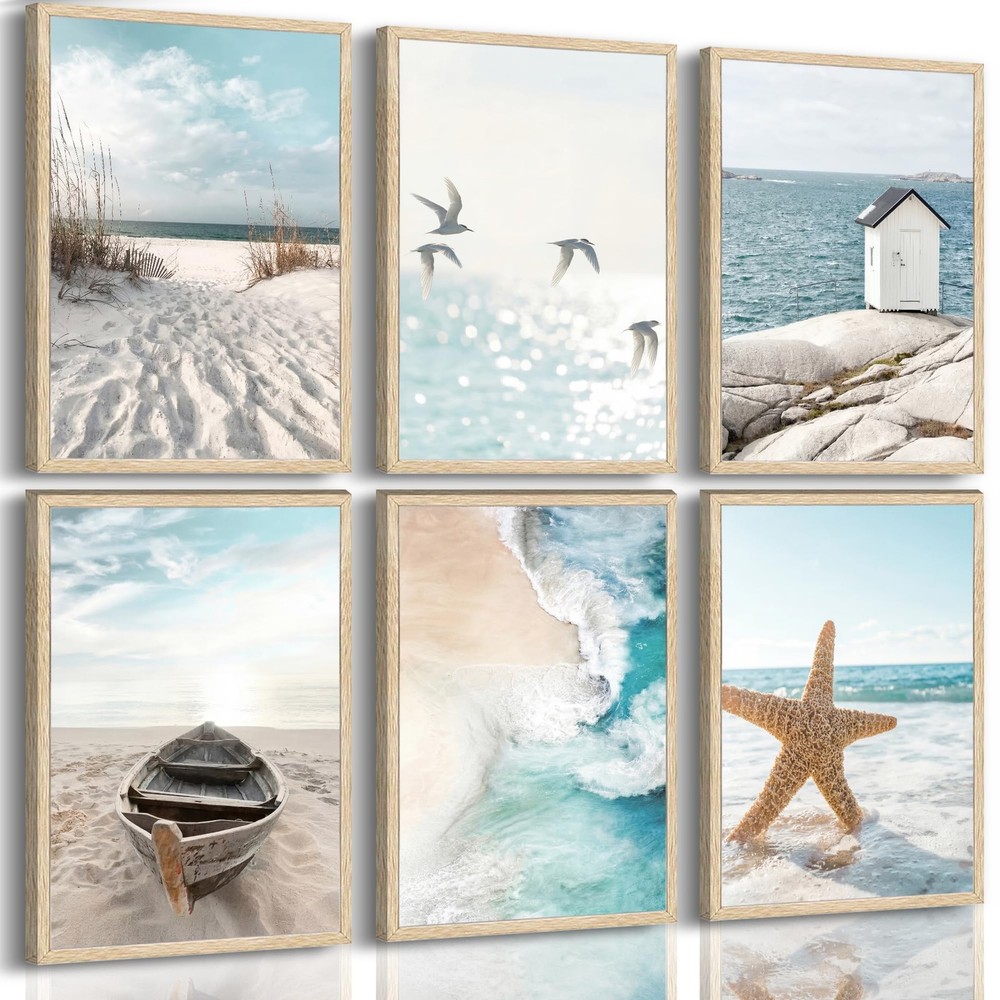 6 Pcs Coastal Poster Wall Art,Seaside Wave Beach Painting Picture Wall Decor