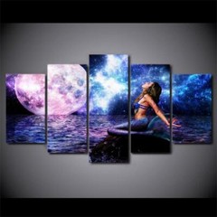 Mermaid Moon & Space Ocean Night Framed 5 Piece Canvas Wall Art Painting Wallpap