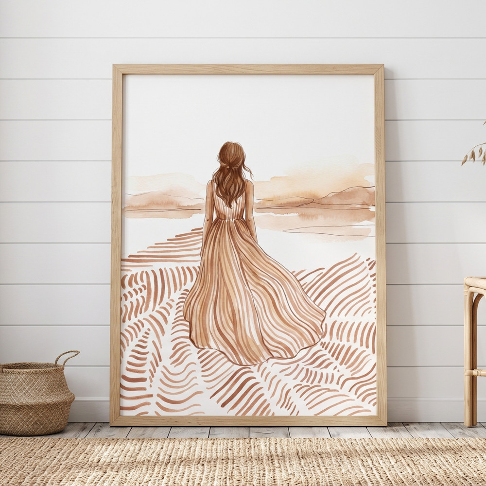 Woman in Dress Watercolor Poster Terracotta Abstract Landscape Wall Art Print