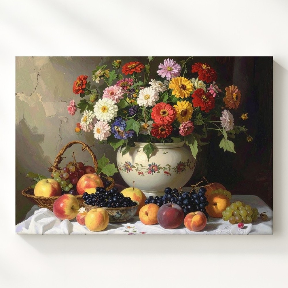 Baroque Floral & Fruit Still Life Canvasdutch-Style Classical Abundance Wall Art