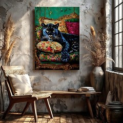 Wall Art Black Panther on Ornate Floral Sofa Canvas Print Home Decor Poster