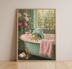 Funny Frog in Bathtub Poster Whimsical Cute Animal Art Print Bathroom Wall Decor