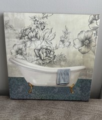 Bathroom Canvas Print Wall Art 12” X 11.5” Bathtub Flowers Blue White Black Gold
