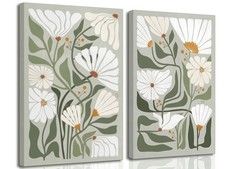 2 Pcs Boho Wildflowers Canvas Wall Art Green Bohemia Abstract Floral Botanica…