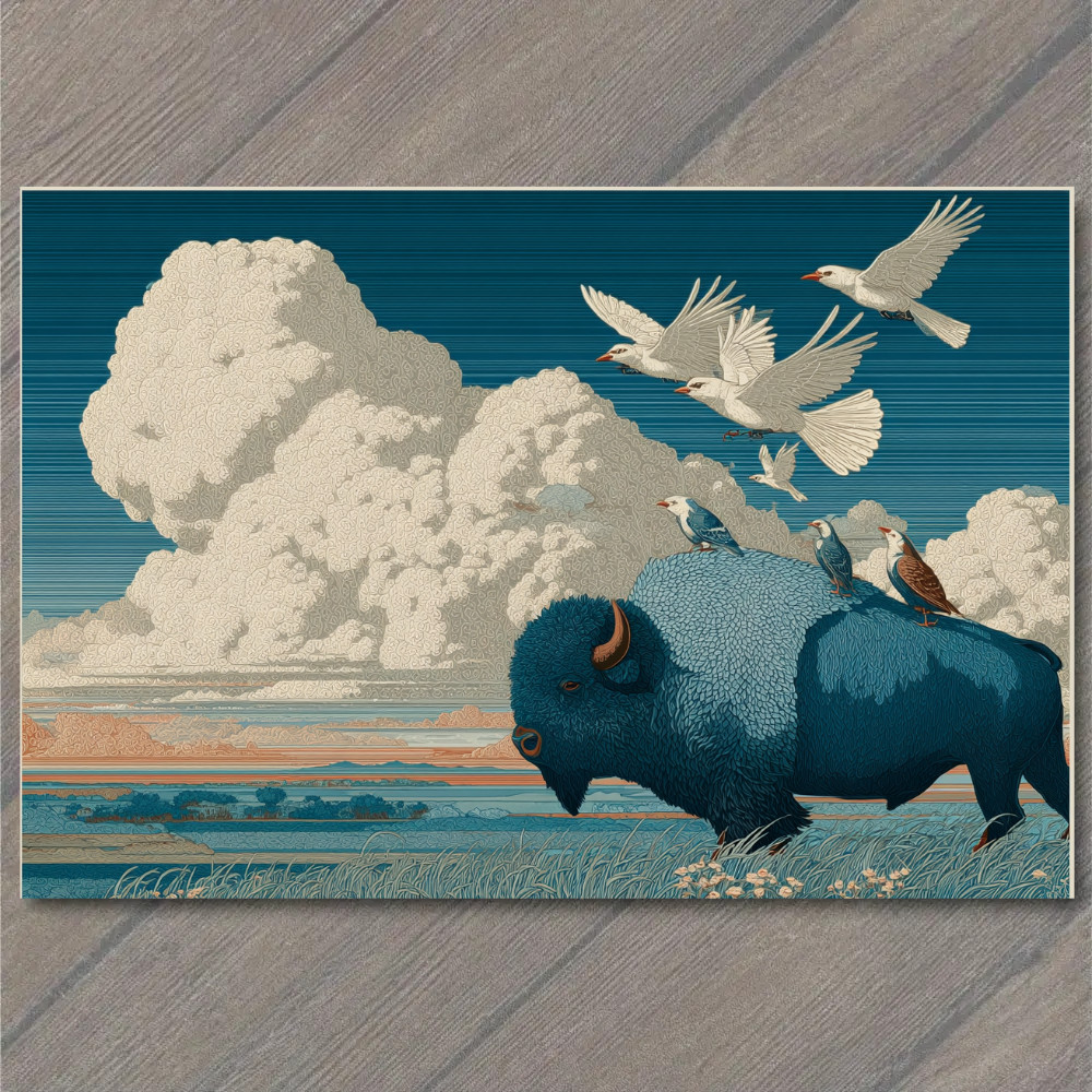 Art Print Blue Bison Prairie Birds Clouds Western Wildlife Surreal Landscape Sky