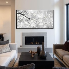 Large 29″x58″ White Black and Gold Plum Blossom Canvas Black Frame Wall Art M…