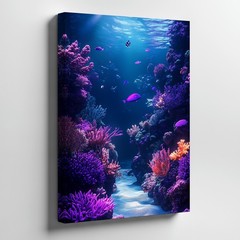 Underwater Coral Reef Canvas Wall Art Ocean Fish Purple Blue Marine Scene Print