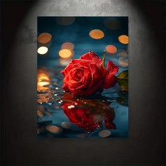 Framed Canvas Red Rose Water Reflection Bokeh Night Light Floral Decor