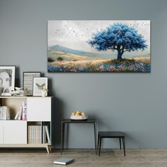 Field Scenery Wall Painting Blue Trees Wall Mural Wall Poster,24″x48″ DIY Framed