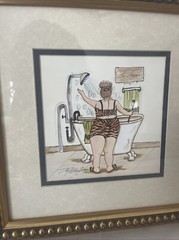 Bathtub Shower Print Joy Alldredge Woman Bathroom Wall Art Gold Framed 11.5 Sq.
