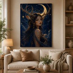 Celestial Deer Girl Canvas Wall Art Moon Goddess Fantasy Portrait Navy Gold Wall
