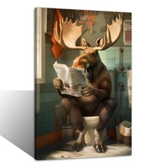 Bathroom Moose Canvas Wall Art Funny Moose on Paintings Animals Reading Newsp…