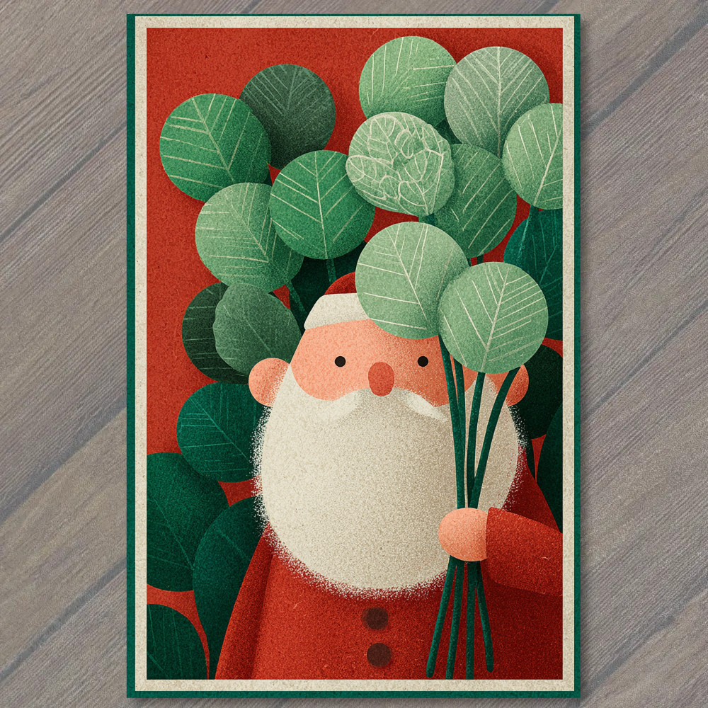 Art Print Santa Claus Holding Green Leaves Modern Holiday Christmas Artwork