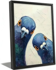 Framed Whimsical Pigeon Wall Art, Blue Birds Oil Painting Canvas Prints, Funn…