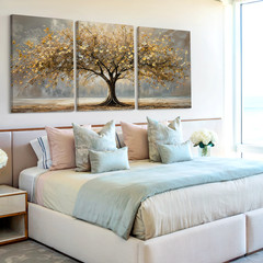 3 Pieces Golden Tree Autumn Landscape Large Wall Art Set for Living Set Of 3
