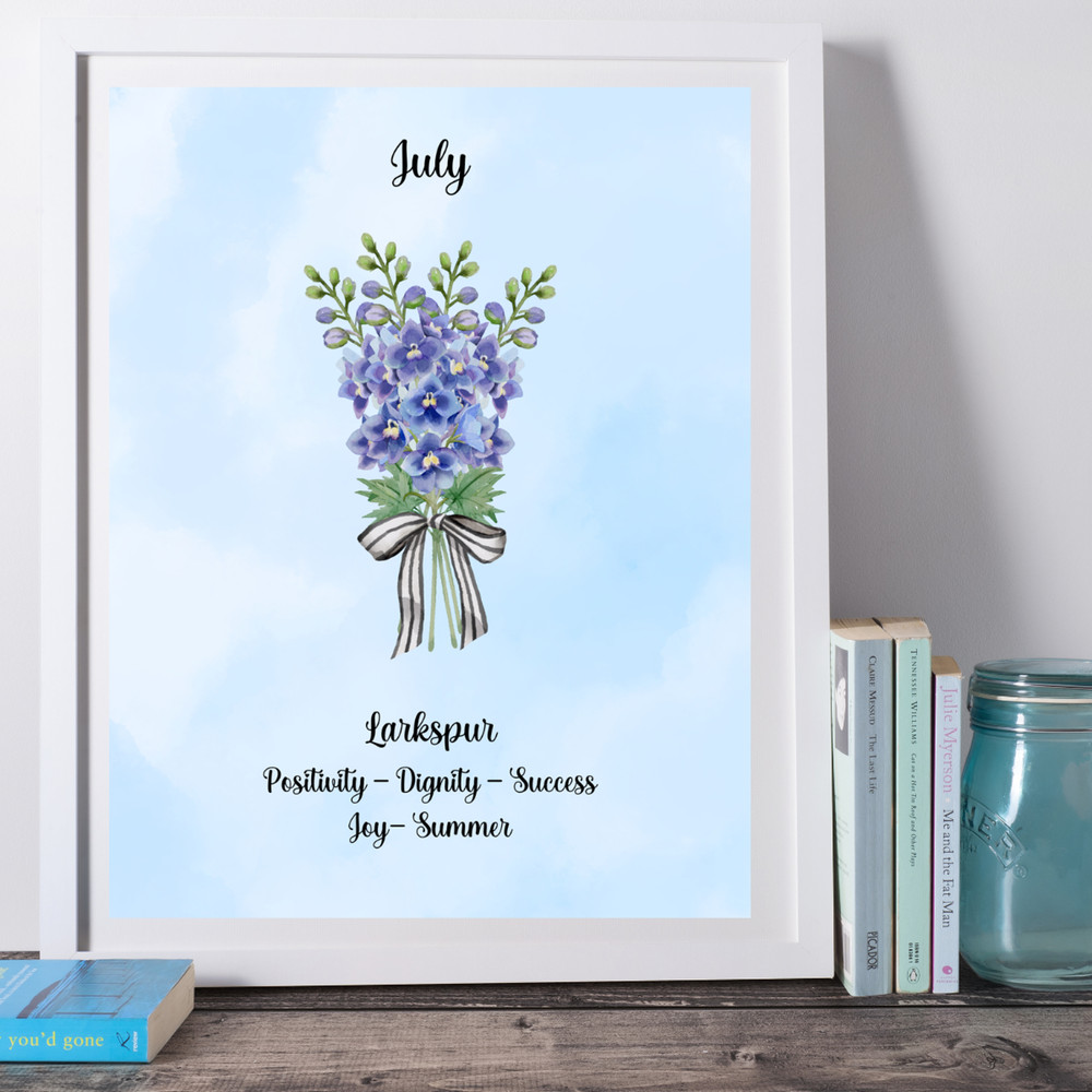 July Birth Flower Larkspur Blue Watercolor Wall Art Print Gift 8×10 UNFRAMED