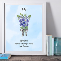 July Birth Flower Larkspur Blue Watercolor Wall Art Print Gift 8×10 UNFRAMED