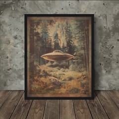 UFO ALIEN FOREST Fine Art Print, Retro Sci-fi Cryptid Poster, UAP Flower Decor