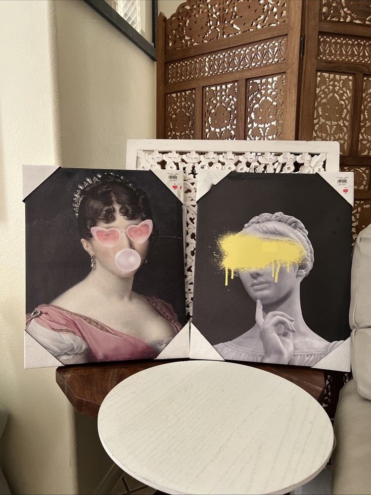 Wall Art Canvas Home Decor Wrapped Wood Frames Irreverent Funny PAIR 16×20 NEW