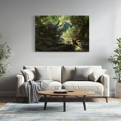 Green Dragon & Knight Painting Print on Canvas | Fantasy Storybook Bedroom Art