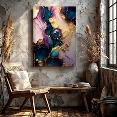 Wall Art Abstract Alcohol Ink Gold Foil Purple Teal Marble Canvas Print Decor