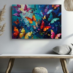 Canvas Wall Art a Dynamic Composition of Many Colorful Butterflies Against a