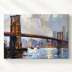 Brooklyn Bridge Twilight Canvas Textured Cityscape With Reflections Wall Art